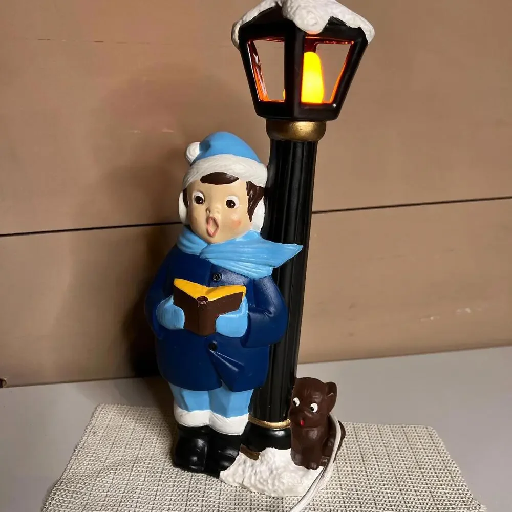 70s Vintage Christmas Caroler‎ Lamp Light Figurine Child with Dog Street Lamp